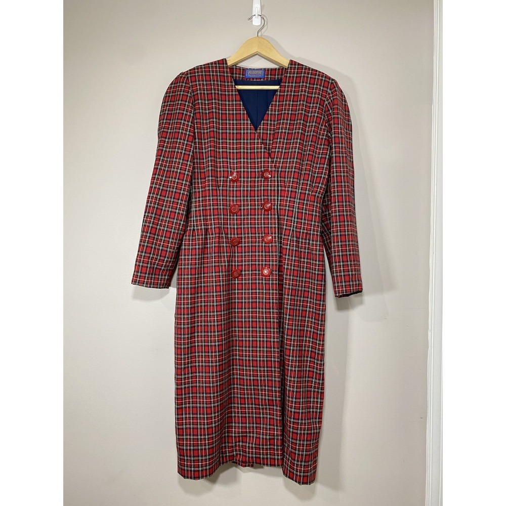 VTG Pendleton Virgin Wool Plaid Dress Red Tartan Double Breasted MEDIUM?‎